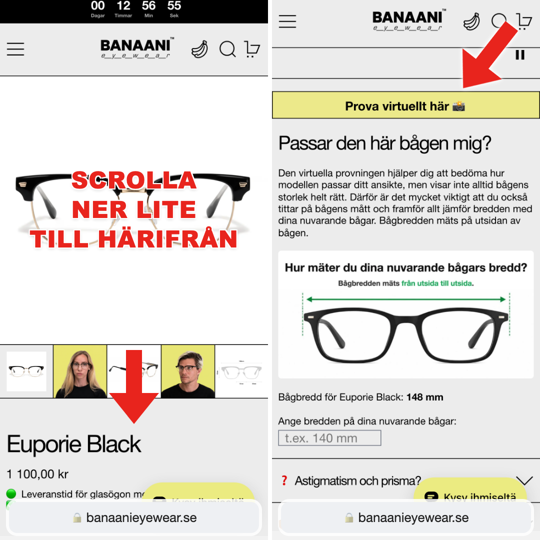 Knappen Prova virtuellt och dess placering på produktsidan