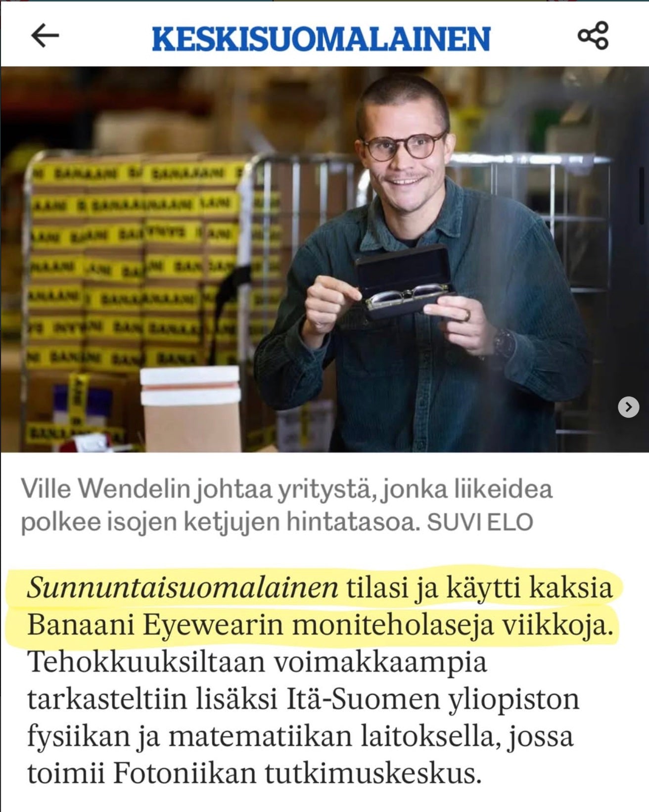 Keskisuomalainen: den finländska tidningen Sunnuntaisuomalainen testade Banaani Eyewears progressiva glasögon